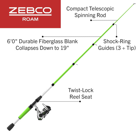 Zebco Roam Telescopic Fishing Rod and Spinning or Spincast Fishing Reel Combo, Durable 6-Foot Fiberglass Rod with ComfortGrip Handle, Pre-spooled with Zebco Cajun Fishing Line