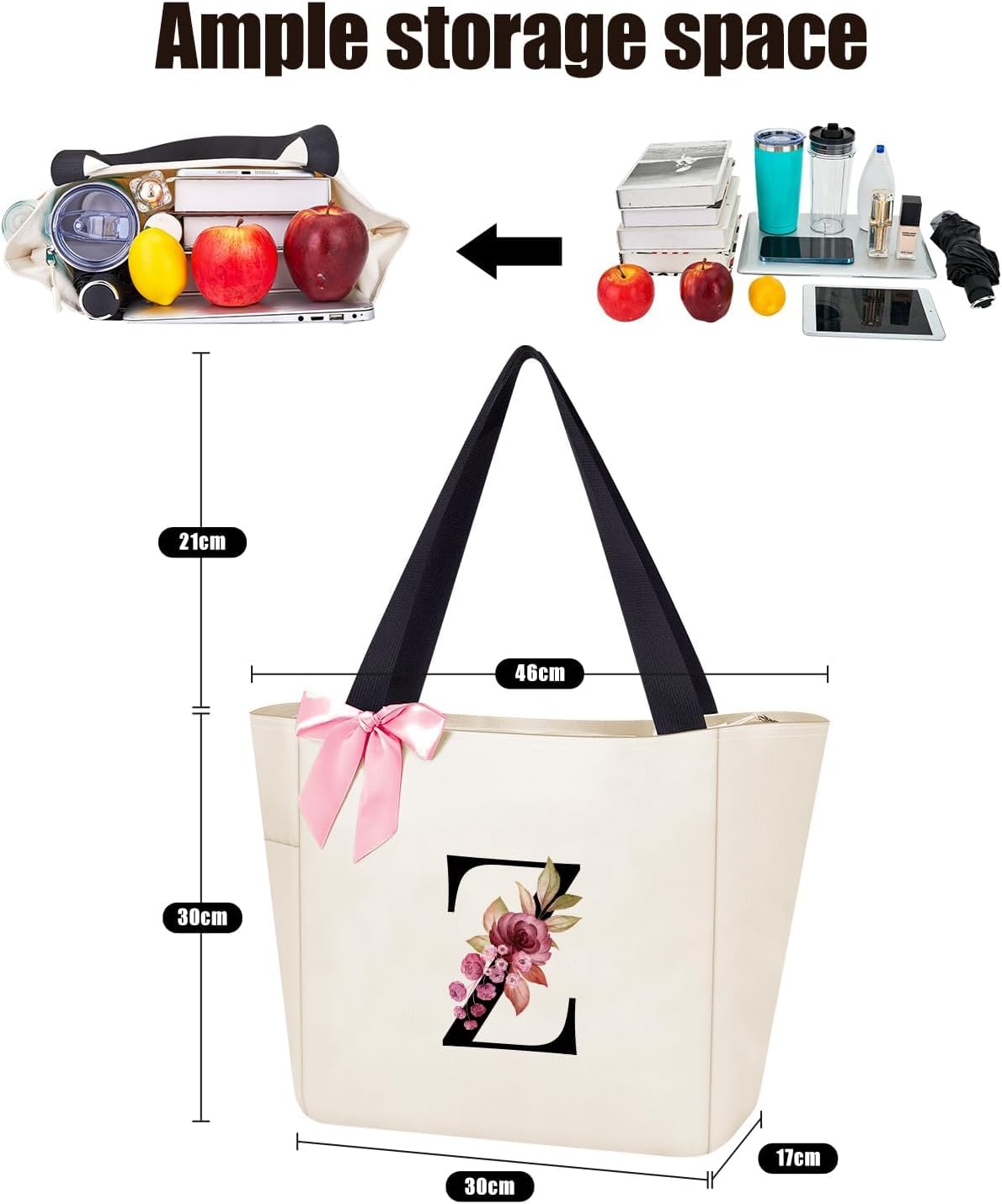 Vavabox Tote Bag, A-Z Initial Monogrammed Waterproof Tote Bag, Bridesmaid Gifts for Women, Black and Pink