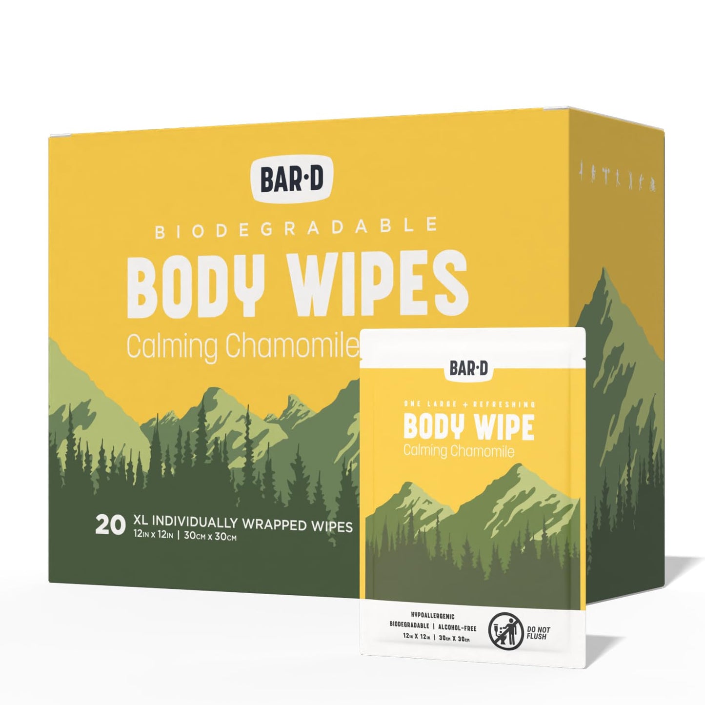 Bar-D Cleansing Face & Body Wipes for Women and Men - Individually Wrapped Biodegradable Shower Wipes with chamomile, 12x12 Inch, Pack of 20 (20 Count/Box), Chamomile scent