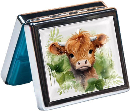 Silver Vintage Pill Box 7 Day Metal Pill Box with Mirror and 8 Compartments Cute Travel Pill Organizer for Purse (Watercolor Highland Cow)