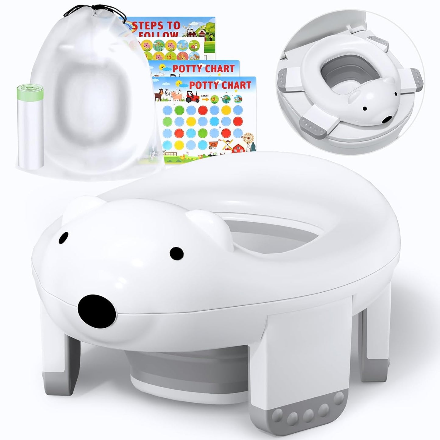 2 In 1 Portable Potty Seat, Travel Potty Seat for Toddlers with Safety Locks, Complete with Training Charts, Storage Bag and Liner Bags, 12 Months+(1 Pack)