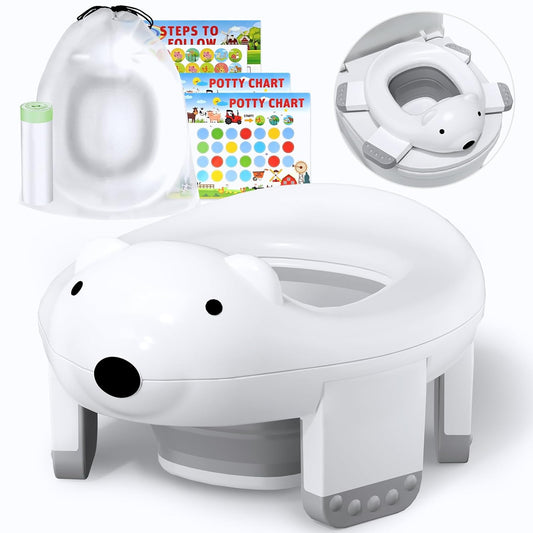 2 In 1 Portable Potty Seat, Travel Potty Seat for Toddlers with Safety Locks, Complete with Training Charts, Storage Bag and Liner Bags, 12 Months+(1 Pack)