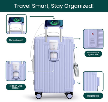 Nobl Travel Carry On Luggage, Noble Zipperless Aluminum Frame PC Hard Shell Suitcase, 20.8"x15"x8.7" Airline Approved, 360° Spinner Wheels, TSA Locks, USB Charging Port, Cup & Phone Holder - Lavender