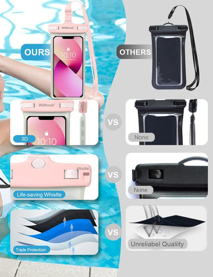 wellhouse Waterproof Phone Pouch, Waterproof Phone Case for iPhone 16 15 14 13 12 Pro Max XS Samsung, IPX8 3D Cellphone Dry Bag Beach Essentials (1 Pack - Luminous Pink7.0, 7 inch)
