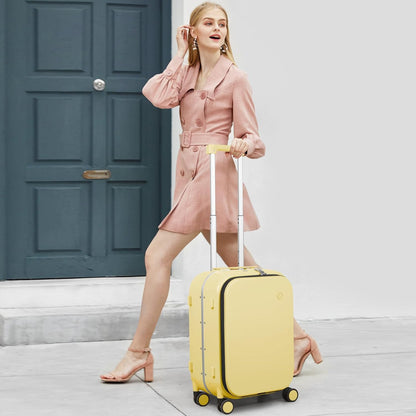 mixi Carry On Luggage, 20'' Suitcase with Front Laptop Pocket, Travel Rolling Luggage Aluminum Frame PC Hardside with Spinner Wheels & TSA Lock and Cover - Lark Yellow