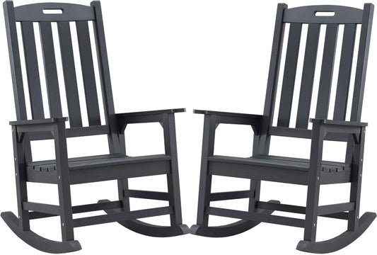 Psilvam Oversized Outdoor Rocking Chair Set of 2, Porch Rocker with 21" Wide Seat and 32" Tall Backrest, Pre-Assembled with Most Components for Effortless Installation (Carbon Black)