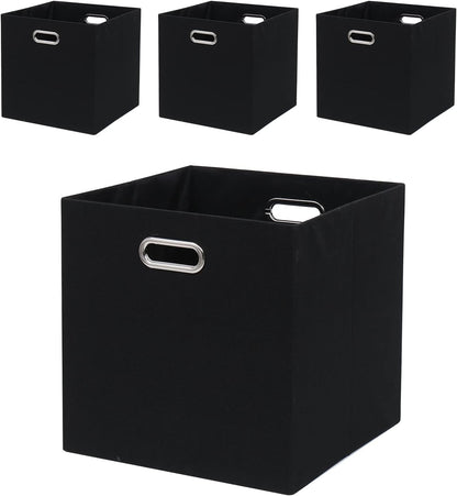 Collapsible Organization Basket Fabric Foldable Box with Handles, 13x13 Cube Storage Bins Set of 4, Thick and Heavy Duty Storage Baskets for Shelves Bedroom Livingroom,Black