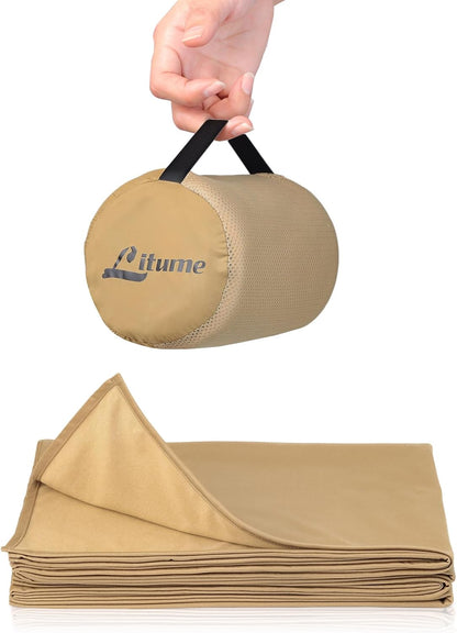 Travel Blanket Lightweight and Breathable, 67 x 48 in Soft Airplane Flight Blanket for Travelers, Foldable Camping Sheet with Stuff Sack for Train, Camp, backapcking, office, home(Creamy Brown)