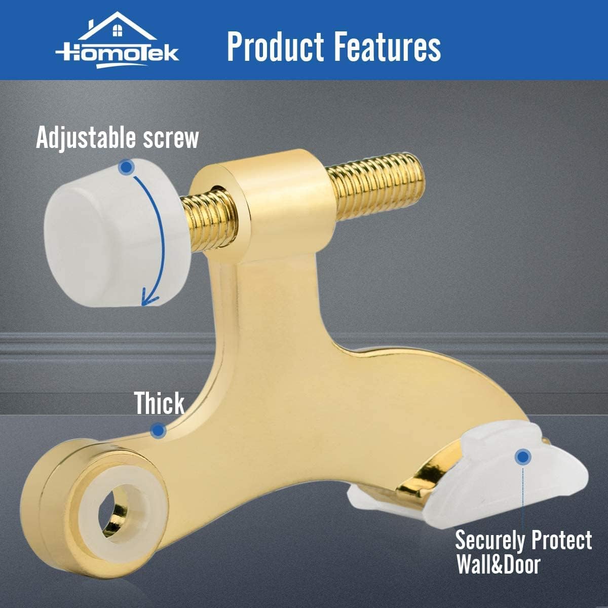 HOMOTEK 24 Pack Hinge Pin Bright Brass Door Stopper, Gold Door Stops, Adjustable Deluxe Heavy Duty Door Stopper 2-1/2"x1-3/4”,with White Rubber Bumper Tips