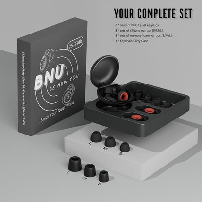Concert Ear Plugs, 2 Pair BNU High Fidelity Noise Cancelling Earplugs Hearing Protection for Musicians,Festivals,Raves Sleep, 25-33db Noise Reduction 6 Pair Reusable Foam＆Silicon Tips in S/M/L Black