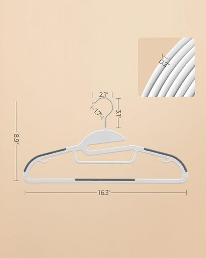 SONGMICS 50 Pack Coat Hangers, Heavy-Duty Plastic Suit Hangers, S-Shaped Opening, Space-Saving, 360º Swivel Hook, 16.3 Inches Wide, Cloud White and Dark Gray UCRP041WG03