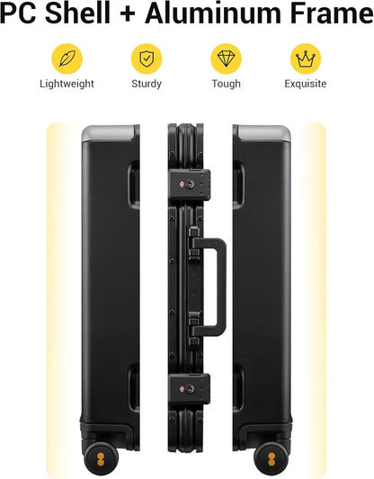 LEVEL8 Zipperless Carry On Suitcase Airline Approved with Aluminum Frame, Hard Shell Luggage with Spinner Wheels, Metal Travel Luggage with Double Tsa Locks, 20 Inch, Black