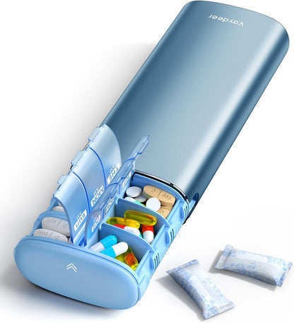 Vaydeer Metal 7 Day Pill Organizer 2 Times a Day – AM PM Weekly Travel Pill Case with Moisture-Proof Desiccant, Airtight Large Capacity Pill Box for Vitamins, Medications & Supplements (Blue)