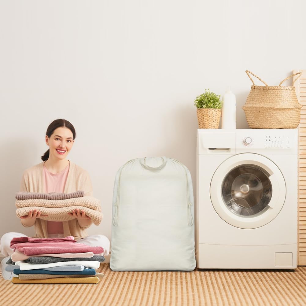 3pcs Breathable Cotton Canvas Laundry Drawstring Bags with Carrying Handles & Shoulder Strap, Cotton Laundry Hamper Basket Replacement Liner Bags