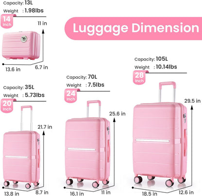 Campfun Luggage 4 Piece Sets, Expandable Carry On Luggage Set Hardshell PP, Suitcase Set with Double Spinner Wheels, Checked Durable Lightweight with TSA Lock, 14in 20in 24in 28in-Pink(A)