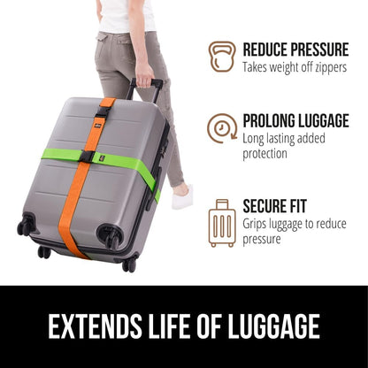 GORILLA GRIP Heavy Duty 4 Pack Adjustable Luggage Straps for Suitcases, Easy to Identify Travel Belt Connector Holds Suitcase Together, Extends Life of Bag, Strap Connects Two Bags, Green and Orange