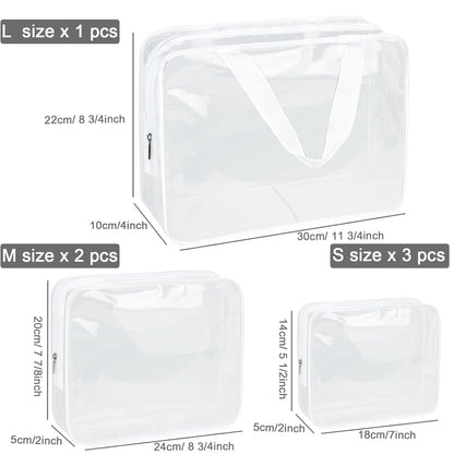 APREUTY Clear Makeup Bags, TSA Approved 6 Pcs Cosmetic Makeup Bags Set Clear PVC with Zipper Handle Portable Travel Luggage Pouch Airport Airline Vacation Organization (Bright White)