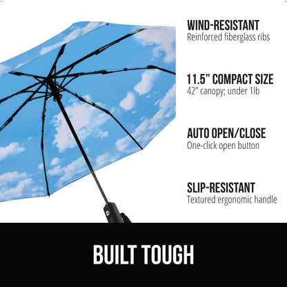 GORILLA GRIP Strong Stick Umbrella for Rain, Compact Travel One-Click Automatic Open Close, Lightweight, Portable, US Designed Reinforced Fiberglass Ribs, Wind Resistant, Easy Collapse, Sky Blue