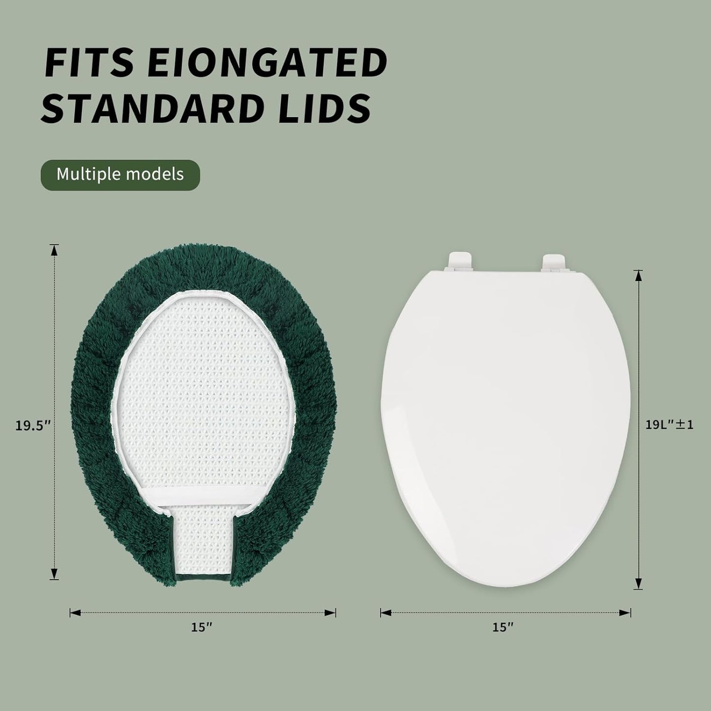 Microfiber Elongated Toilet Seat Cover 19.5"x 15" Machine Washable Solid Toilet Lid Cover Adjustable Rubber Backing Fits Most 18-19.5" L x 14-16" W Elongated Toilet Seat