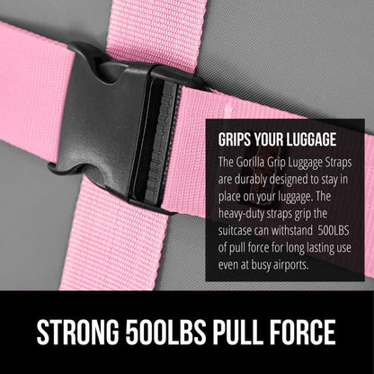 GORILLA GRIP Heavy Duty 4 Pack Adjustable Luggage Straps for Suitcases, Easy to Identify Travel Belt Connector Holds Suitcase Together, Extends Life of Bag, Strap Connects Two Bags, Accessories Pink