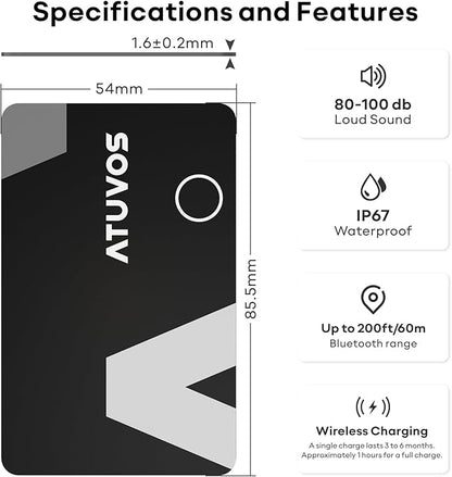 [2025 Apple MFi Certified] ATUVOS Rechargeable Wallet Tracker Card, Ultra Slim 1.6mm Wallet Card Tracker Tag Works with Apple Find My (iOS Only), Item Locator for Luggage Tags, IP67 Waterproof, 1 Pack