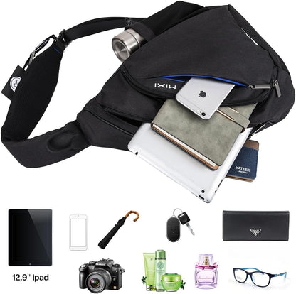 mixi Sling Bag Men Backpack Unisex One Shoulder Bag Hiking Travel Backpack Crossbody with USB Port for Men Women Versatile Casual Daypack-19 inch,Black