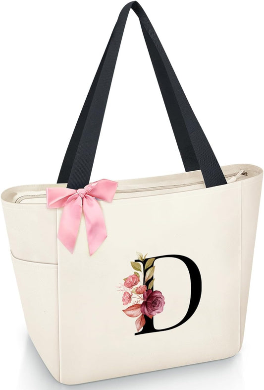 Vavabox Tote Bag, A-Z Initial Monogrammed Waterproof Tote Bag, Bridesmaid Gifts for Women, Black and Pink