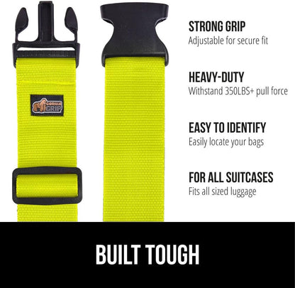 GORILLA GRIP Heavy Duty Adjustable Luggage Straps for Suitcases, Easy to Identify Travel Belt Connector Holds Suitcase Together, Extends Life of Bag, Strap Connects Two Bags, Accessories 2 Pack Yellow