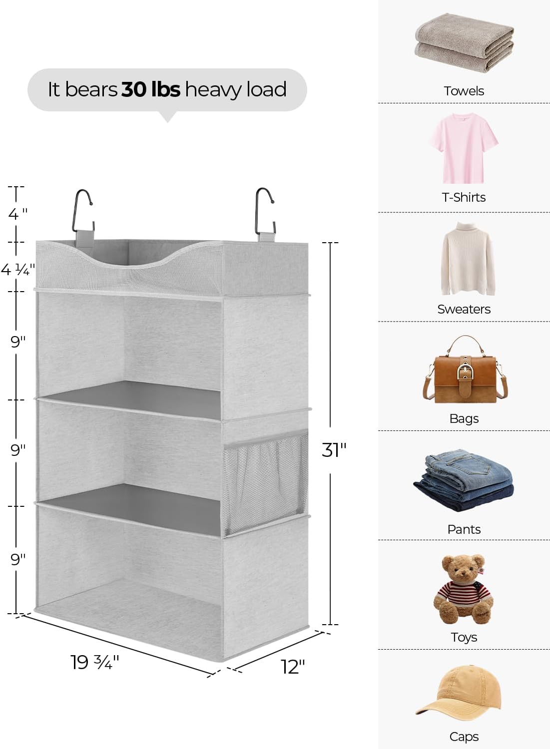 StorageWorks Hanging Closet Organizer, 3-Shelf Hanging Closet Shelves with Top Shelf, 19 ¾"W x 12" D x 31" H, Extra-Large Space, Light Grey