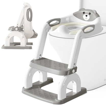 Potty Training Seat for Toddlers, Adjustable Height 2-in-1 Potty Training Toilet Ladder for Kids Boys Girls with Splash Guard, Waterproof Cushion, Anti-Slip Pad Step Stoo - Grey