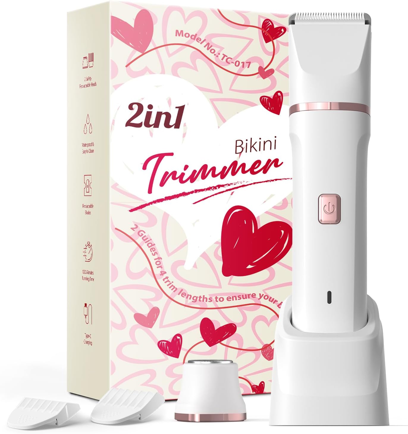 Pubic Hair Trimmer Women - 2-in-1 Electric Bikini Shaver & Facial Hair Remover, Waterproof Body Groomer with Ceramic Blades, USB-C Fast Charging Dock, Cordless Razor for Women's Sensitive Skin (White)