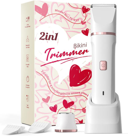 Pubic Hair Trimmer Women - 2-in-1 Electric Bikini Shaver & Facial Hair Remover, Waterproof Body Groomer with Ceramic Blades, USB-C Fast Charging Dock, Cordless Razor for Women's Sensitive Skin (White)