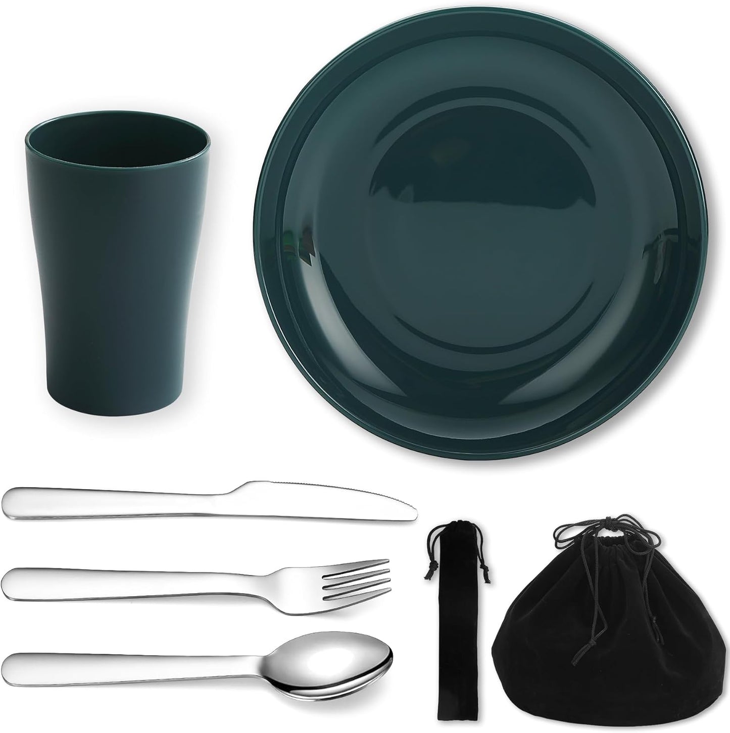Evanda Camping Cutlery Set, Reusable Light Weight Mug, Plate and Stainless Steel Cutlery Set with Black Bag, Dishwasher Safe