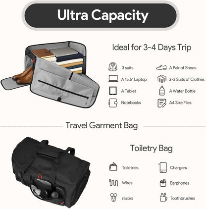 Garment Duffle Bags for Travel, HOMQUIET Convertible Garment Duffel Bag, All YKK Zippers Carry On Garment Bags, 2 in 1 Hanging Waterproof Suit Travel Bag with Shoe Compartment, for Men Women, Black