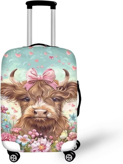 Highland Cow Suitcase Cover Flower Suitcase Protector Fits 30-32 Inch Luggage(Size XL) Anti-Scratch Washable Spandex Luggage Cover Stretchable Suitcase Covers with Zipper