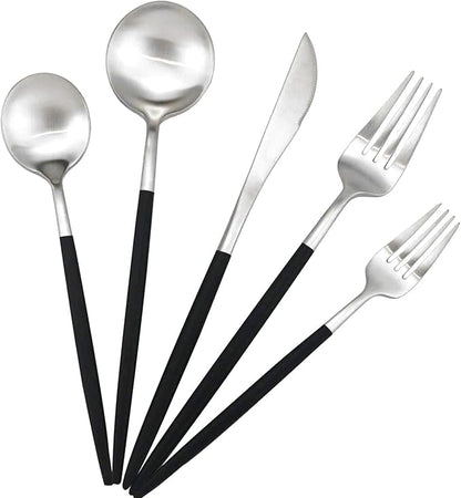 Gugrida Black Handle Matte Silver Silverware Set - 5-Piece 18/10 Stainless Steel Satin Finish Flatware, Kitchen Utensils, Tableware Travel Cutlery for Camping Office Lunch - Dishwasher Safe