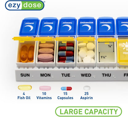 EZY DOSE Weekly (7-Day) AM/PM Pill Organizer, Daily Vitamin Container and Medicine Box, Large Pop-Out Compartments, Designed for Travel, 2 Times a Day, Blue and Yellow Lids