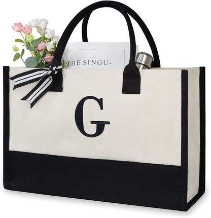 TOPDesign Embroidery Initial Canvas Tote Bag, Personalized Present Bag, Suitable for Wedding, Birthday, Beach, Holiday, is a Great Gift for Women, Mom, Teachers, Friends, Bridesmaids (Letter G)