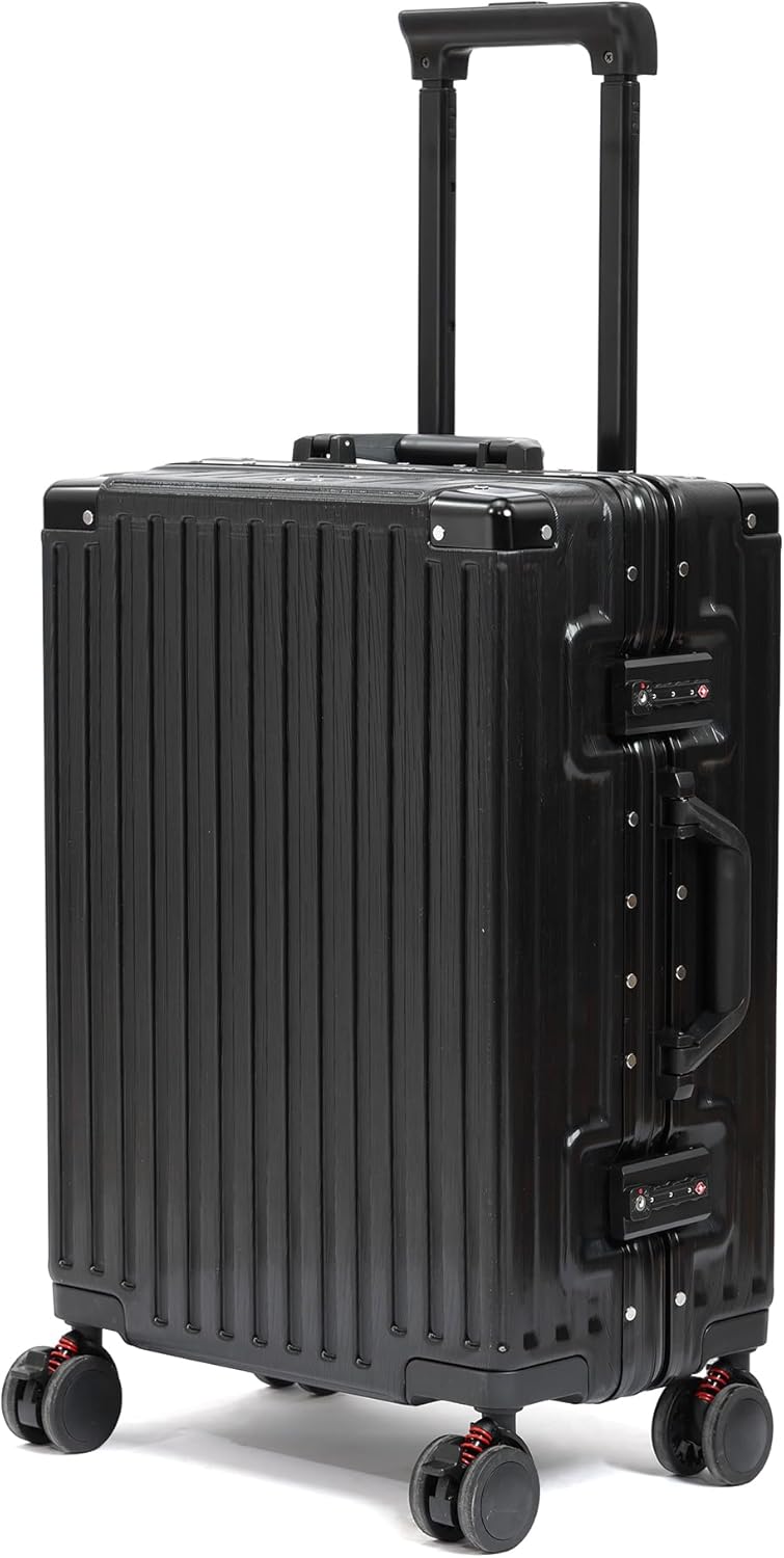 UrbanExplorer 20 Inch Carry On Luggage Aluminum Frame Airline Approved, Zipperless Luggage Carry On TSA Approved ABS+PC Hard Shell Suitcases, Lightweight Carry-On Suitcase with Cup Holder, Black