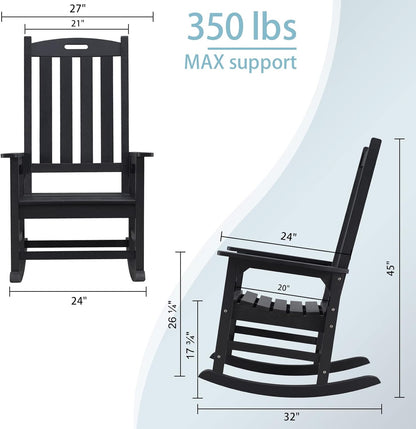 Psilvam Oversized Outdoor Rocking Chair Set of 2, Porch Rocker with 21" Wide Seat and 32" Tall Backrest, Pre-Assembled with Most Components for Effortless Installation (Carbon Black)
