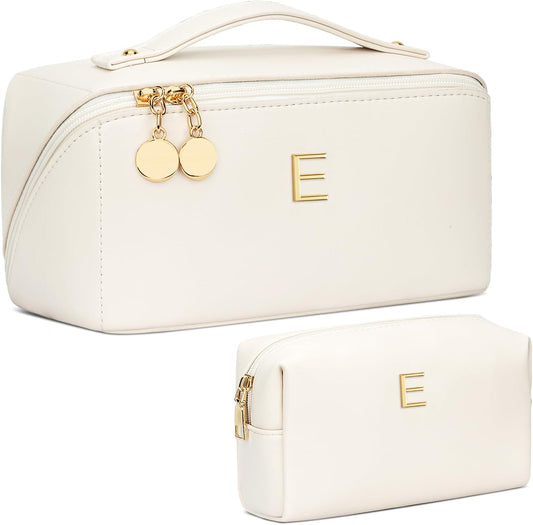 Birthday Gifts for Women Teen Girl, Personalized Initial Makeup Organizer Bag Set, Open Flat Travel Cosmetic Bag With Clear Divider and Handle(Beige,E)