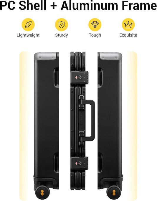 LEVEL8 Zipperless Checked Luggage with Aluminum Frame, Upgraded Medium Hardside Suitcase with Spinner Wheels, Metal Travel Luggage with Double Tsa Locks, 24 Inch, Black