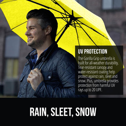 GORILLA GRIP Strong Stick Umbrella for Rain, Compact Travel One-Click Automatic Open Close, Lightweight, Portable, US Designed Reinforced Fiberglass Ribs, Wind Resistant, Easy Collapse, Yellow