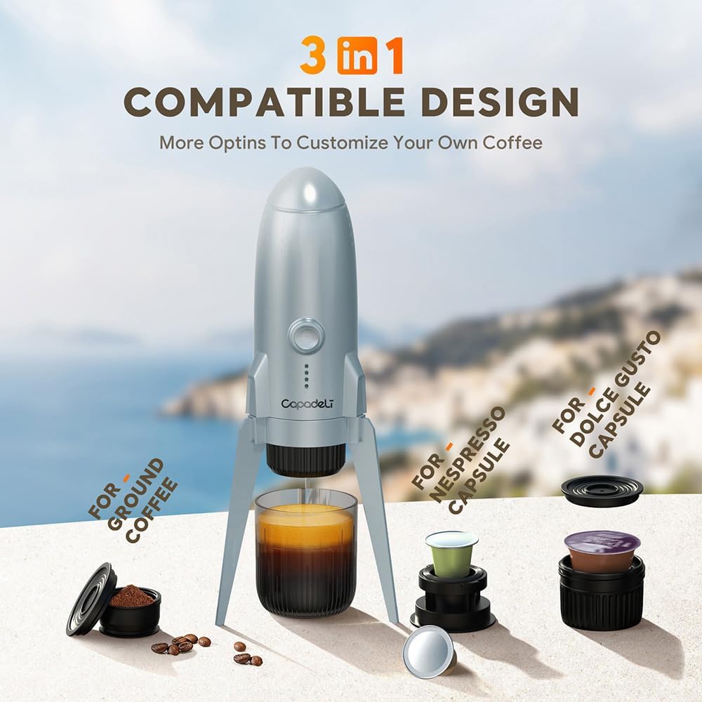 3 in 1 Portable Espresso Machine On the Go, Self-Heating Electric Espresso Maker, 19 Bar Mini Coffee Maker For Travel Camping and Hiking With Ground Coffee & NES PRESSO/DolceGusto Pod, Space Grey