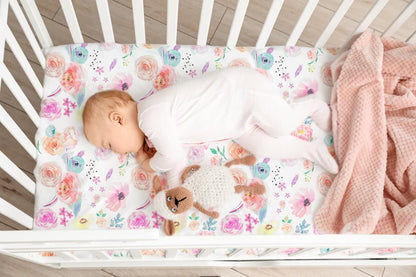 TotAha Premium Stretchy Crib Sheets (2-Pack)-Hypoallergenic, Silky Comfort, Buttery Soft, Calming Effect, All-Season Jersey-Knit Sheets, 9'' Extra Deep Pocket (Colorful Flora & Blue Flowers)