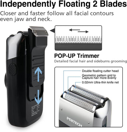 PRITECH Foil and Bald Shavers 2 in 1 Electric Shaver for Men Foil Blade and PopupTrimmer with Rechargeable 3 Adjustable Speeds Men's Shaver (Black Silver)