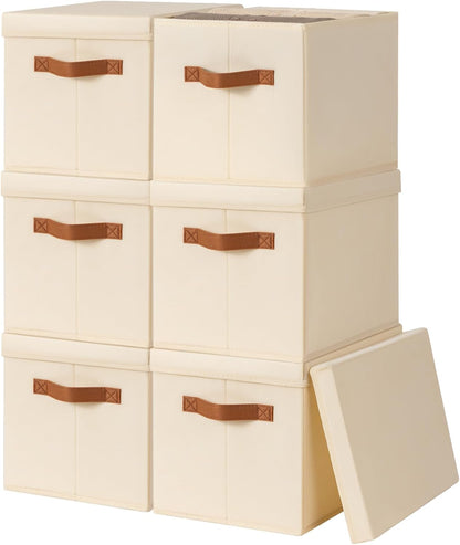 Storage Bins with Lids - Fabric Storage Baskets for Shelves, 6 Pack Foldable Decorative Boxes with Handles, Stackable Organizer Bins for Home, Nursery, Dorm, Beige