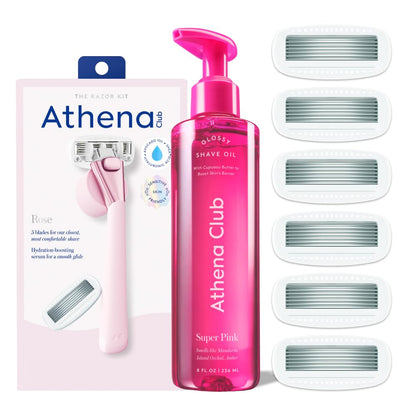 Women's Razor Shave Kit, 1 Rose Razor Handle + 6 Blade Refills + Super Pink Glossy Shave Oil