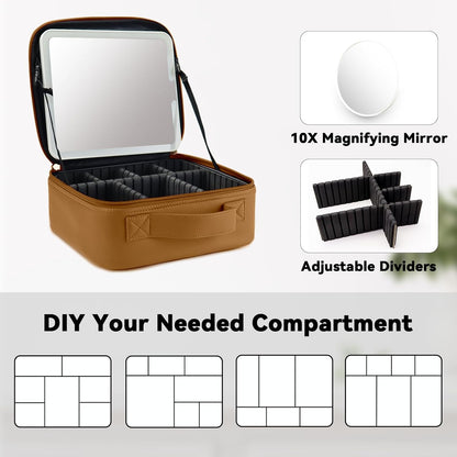 Travel Makeup Bag with LED Mirror and 10x magnifying glass with 3 Lighted Settings, Adjustable Dividers and Makeup Brush Storage Bag Brown