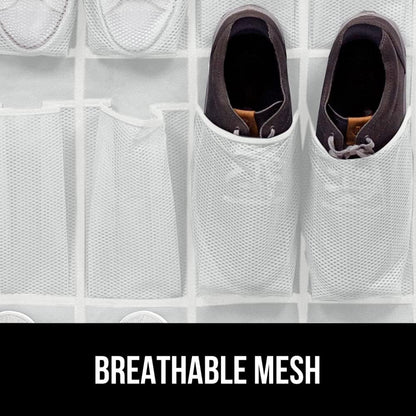 GORILLA GRIP Over the Door Shoe Organizer, 2 Pack, 24 Breathable Mesh Pockets, Space Saving Hanging Storage Holder, Closet Rack Hanger Holds Up to 40 lbs, Hangs on Closets, Shoes, Accessories, White